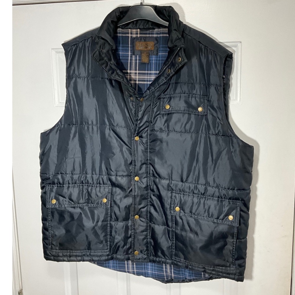 Big Sky Outfitters Mens XL Puffer Vest Navy Blue Plaid Flannel Lined Ripstop